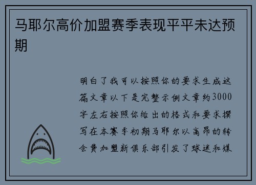 马耶尔高价加盟赛季表现平平未达预期