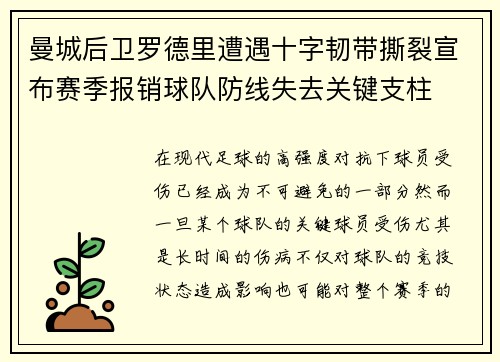 曼城后卫罗德里遭遇十字韧带撕裂宣布赛季报销球队防线失去关键支柱 曼城后卫罗德里遭遇十字韧带撕裂宣布赛季报销球队防线失去关键支柱