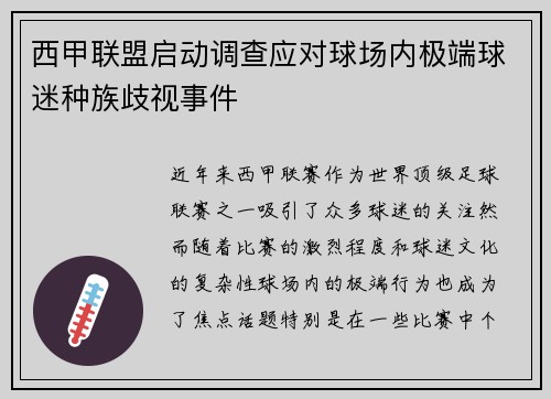 西甲联盟启动调查应对球场内极端球迷种族歧视事件 西甲联盟启动调查应对球场内极端球迷种族歧视事件